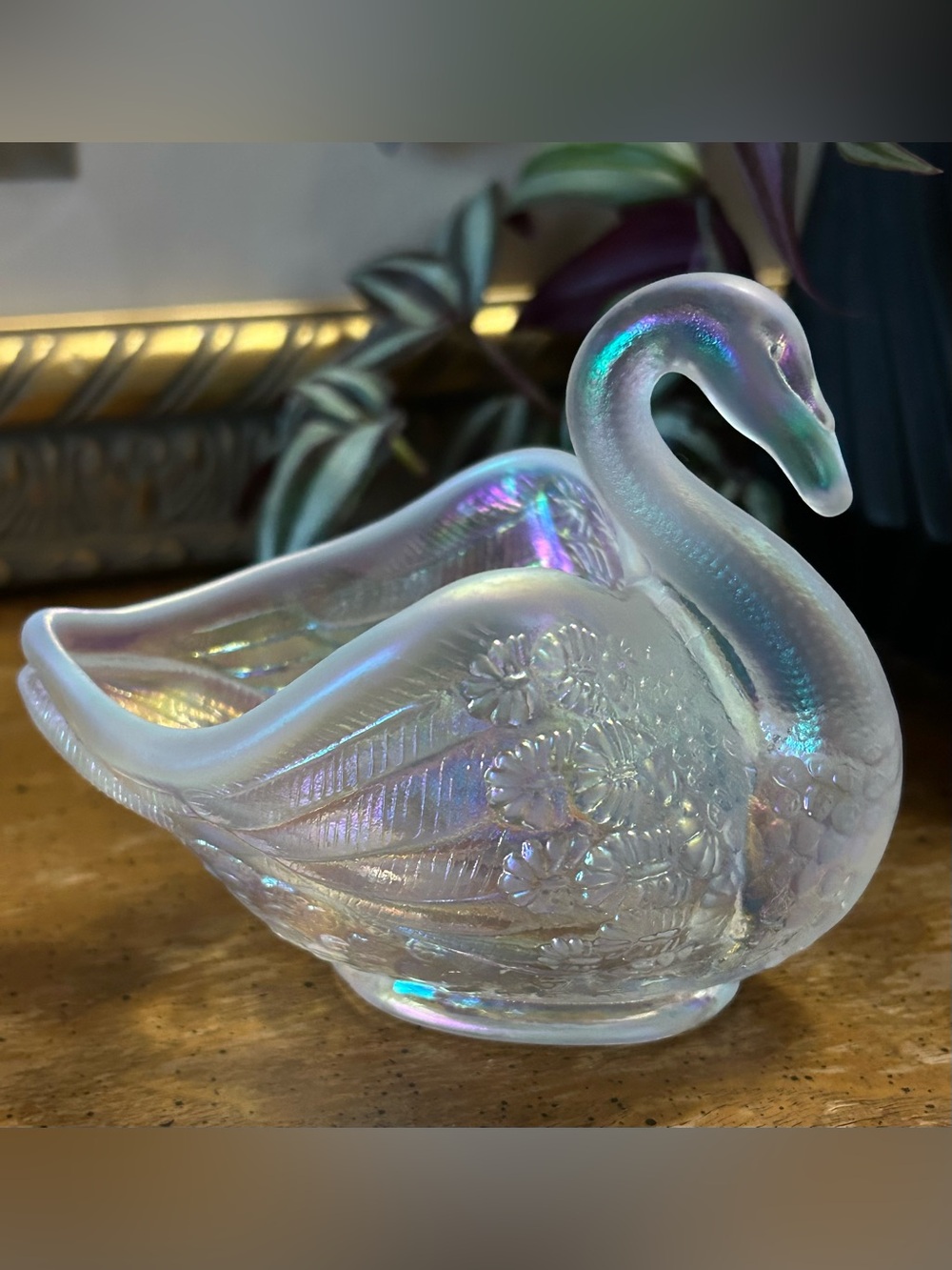 Vintage Fenton Iridescent Swan  Figurine Trinket Dish